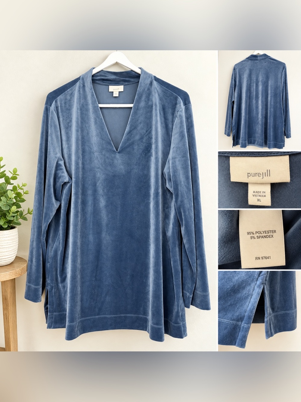 PureJill J Jill Size XL Velour Blue Tunic Top Shirt Stretch V Neck